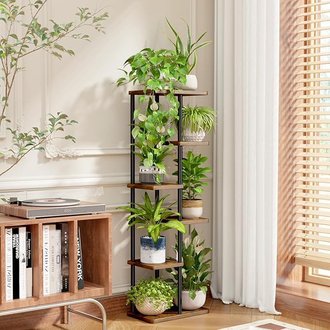 Bamworld Tall Plant Stand Indoor 6 Tier Plant Shelf for Multiple Plants, Tiered Flower Pot Stands for Patio Garden Balcony Living Room Bedroom, Brown