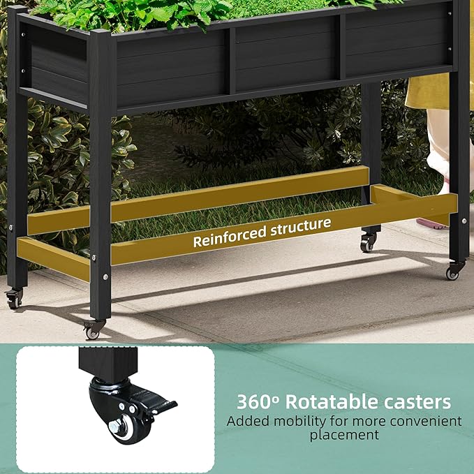 YITAHOME Raised Garden Bed HDPE, 47x18x31 in Raised Planter Box with Legs Poly-Wood Weather-Resistant Elevated Planter Box with Lockable Wheels for Vegetables, Herb Garden Bed, Black