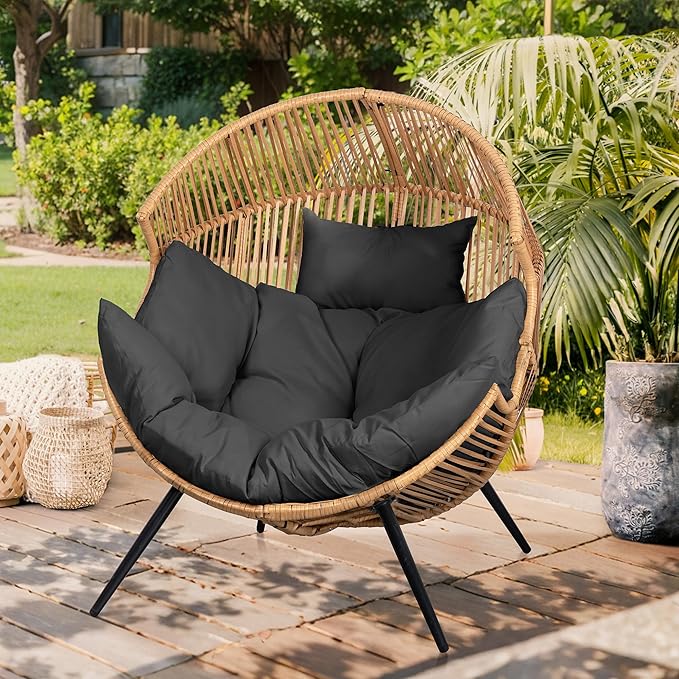 Vongrasig Outdoor Wicker Egg Chair PE Rattan Chair with Cushion, Oversized Patio Lounge Chair for Outdoor, Indoor, Balcony, Backyard, Garden, Black