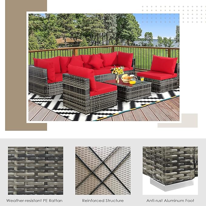 Tangkula 7 Pieces Wicker Patio Furniture Set, All-Weather Outdoor Rattan Sectional Sofa Set with Cushions & Tempered Glass Coffee Table, Outside Sofa Set for Garden, Lawn, Deck, Backyard (Red)