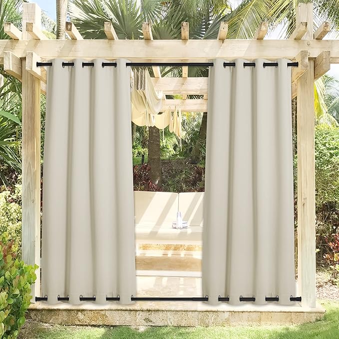 NICETOWN Outdoor Curtains for Patio Waterproof & Windproof 2 Panels, Thermal Insulated Top and Bottom Fixed Rustproof Grommets Light Block Outdoor Curtain Drapes for Pool, Beige, W52 by L95