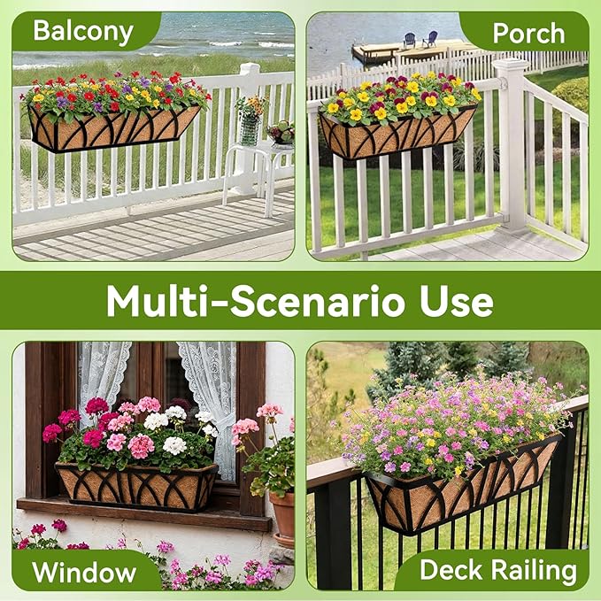 Halatool 2 Pack Heavy-Duty Metal Deck Railing Planter Box, 24 Inch Rust-Resistant Rectangular Window Boxes Planters with Coco Liner & Adjustable Brackets, Grow More On Your Balcony, Patio & Fence