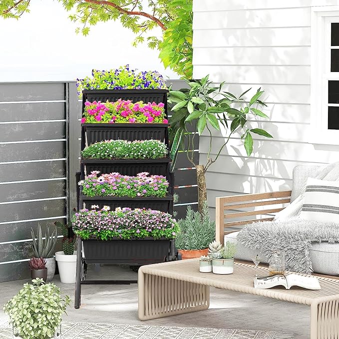 Homdox 5-Tier Elevated Garden Bed- Freestanding Vertical Raised Bed for Gardening with 5 Garden Planter Boxes- Perfect to Grow Vegetables Herbs Flowers Indoor, Black