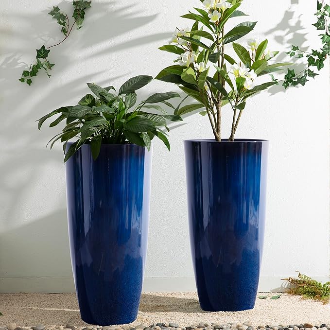 Glitzhome 30" H Tall Planters for Outdoor Plants, Set of 2 Plastic Large Outdoor Planters with Gradient Cobalt Blue Faux Ceramic Finish,Large Flower Pots with Drainage Holes for Front Porch Indoor