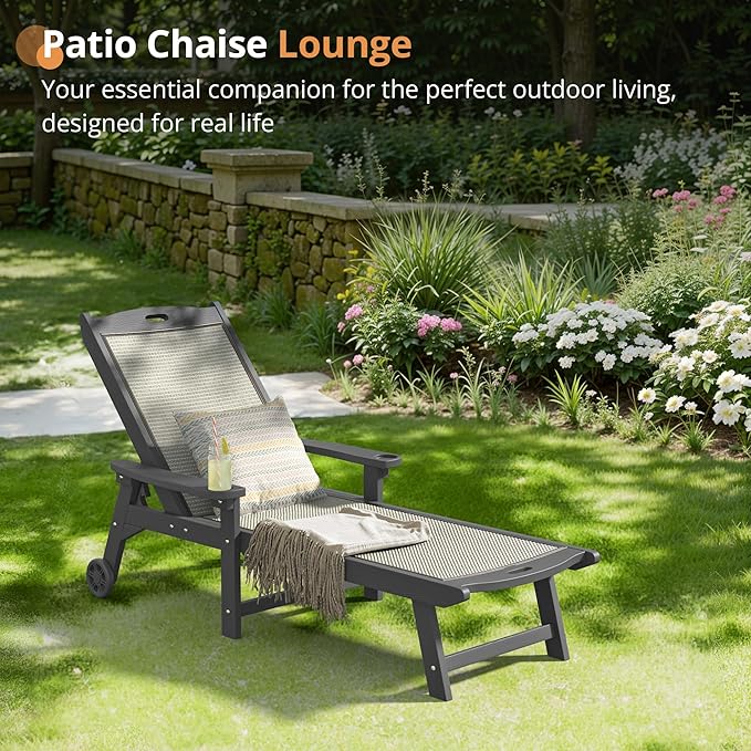 LUE BONA Chaise Lounge Chair Outdoor Set of 4, HDPS and HDPE Wicker Material, Patio Lounge Chair with Adjustable Backrest, Resin Pool Lounge Chairs with Wheels for Backyard, Poolside and Deck