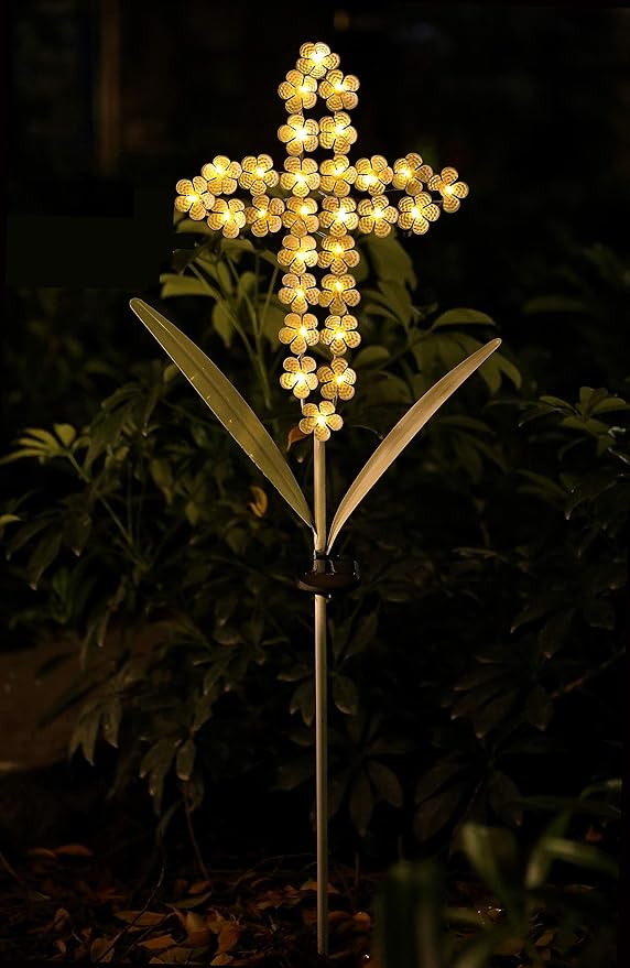 White Cross Garden Stake Solar Lights Metal Hydrangea Cross Stake Memorial Gift w/ 28 LEDs Perfect Sympathy Gifts (10" W x 40" H)