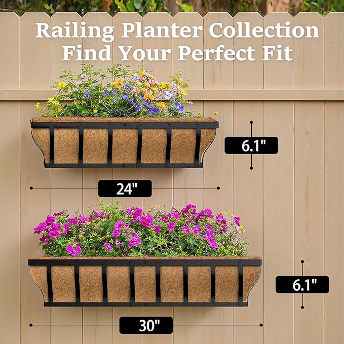 Railing Planter Boxes, Heavy Duty Window Box Planters, Adjustable Balcony Planters for Railing Hanging, with Coco Liner & Support Rod for Deck, Porch, and Patio Gardening (3 Pack, 30 Inch)