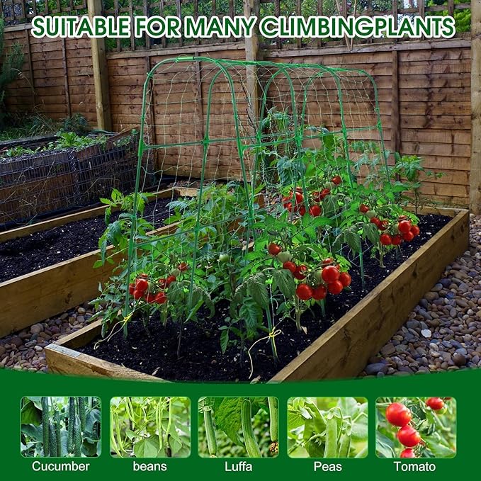 Garden Trellis for Climbing Plants Outdoor, Cucumber Trellis for Raised Bed Garden, Arch Trellis Support for Cucumbers Tomatoes Beans Peas, 50x48 inch, Metal Trellis with Netting, Green