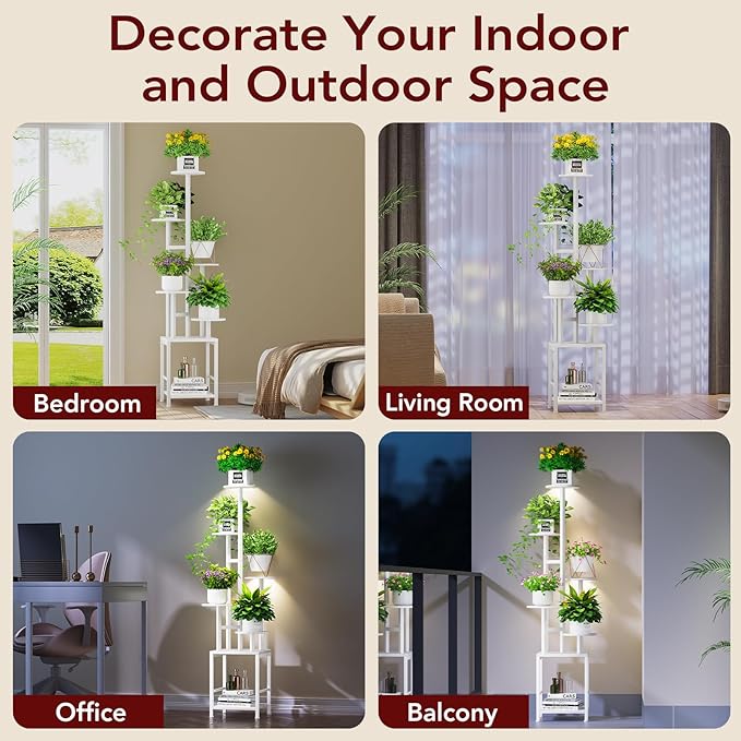 Plant Stand Indoor with Grow Light, 6-Tiered Tall Plant Stand Indoor, Metal Plant Shelf with Hanging Basket Hook and Adjustable Light, Ideal for Living Room, Garden, Round Patio white