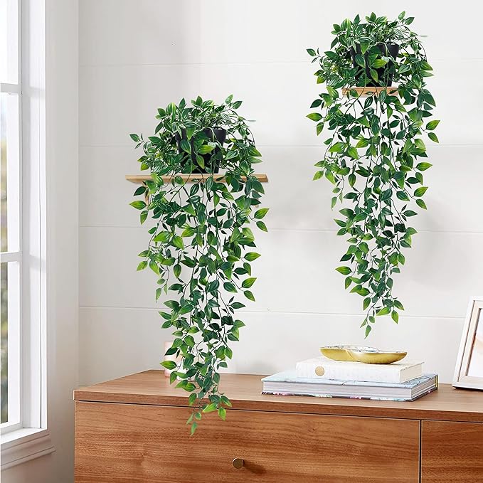 Waipfaru 2Pcs Fake Hanging Plants with Pot Deep Green Eucalyptus Leaves UV Resistant Fake Vines Ivy Artificial Plants Outdoor Faux Plants Indoor Bedroom Living Room Boho Wall Porch Shelf Decor