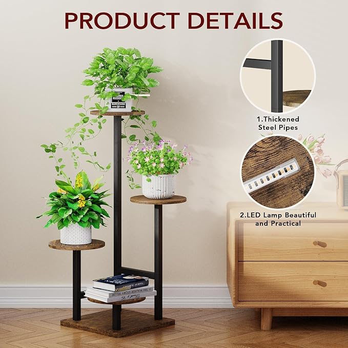 Plant Stand Indoor with Grow Light,4-Tiered Tall Plant Stand Indoor, Metal Plant Shelf with Adjustable Light, Ideal for Living Room, Garden, Patio (Black Brown)
