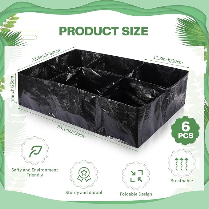 6 Pcs 35 Gallon Fabric Raised Garden Bed Breathable Planting Container Grow Bag with 6 Compartments Rectangle Large Raised Planting Bed for Vegetable Tomato Herbs Potato Fruits Flower Planter Pot