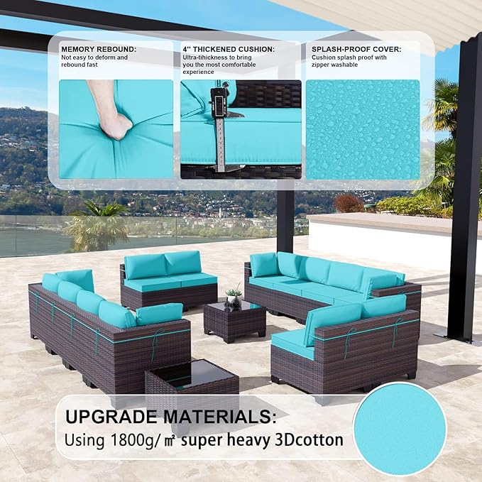 Kullavik 14 Pieces Outdoor Patio Furniture Set PE Wicker Rattan Sectional Sofa Patio Conversation Sets,Blue