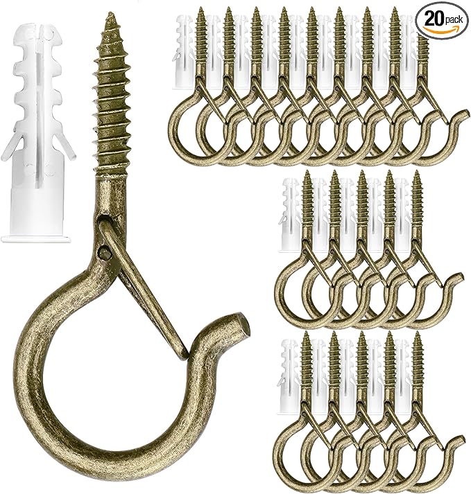 PlusRoc 20Pack Ceiling Hooks for Hanging Plants Outdoor String Lights Heavy Duty, 2.2 Inch Eye Hook Screw in Cup Hooks Q-Hanger for Patio Lights, Wall Wood Fence Deck Mount(Bronze)
