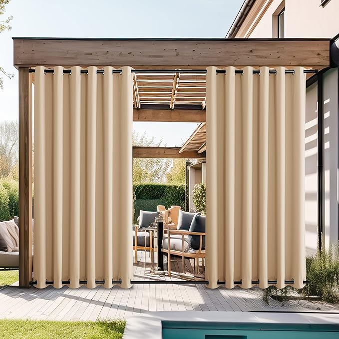 NICETOWN 2 Panels Outdoor Curtains for Patio Waterproof, Rustproof Grommet Top & Bottom Weighted Outdoor Drapes Windproof Thermal Insulated for Balcony/Cabana, Biscotti Beige, W84 x L108