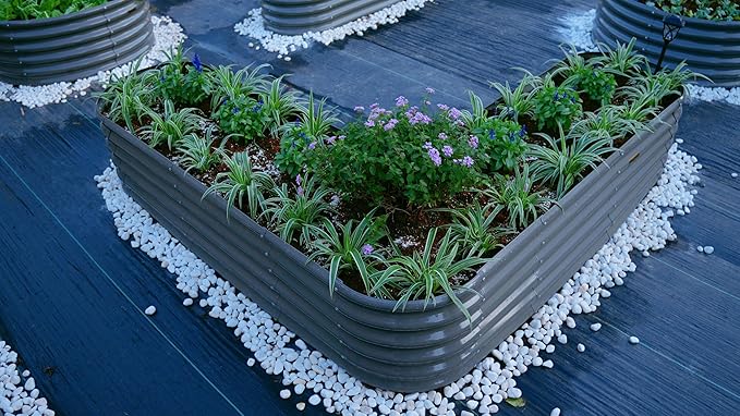A ANLEOLIFE Set of 14, 18 Inch Tall Raised Garden Beds Kit, Heart-Shaped, Large Oval & Round Metal Planters – Ideal for Backyard Vegetables Flowers Herbs, Quartz Grey