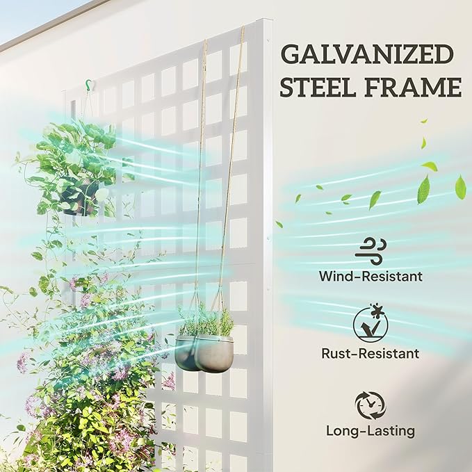 Outsunny Galvanized Raised Garden Bed with Trellis, Metal Planter Box with Drainage Holes, Outdoor Privacy Screen for Climbing Plants, Vegetable, Vines, 35" x 16" x 70", 2 Pack, White
