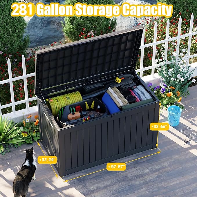 281 Gallon Outdoor Storage Box Waterproof, Large Resin Patio Deck Boxes, Lockable Outdoor Storage Container for Patio Furniture, Garden, and Pool Tools (281 Gallon, Black)