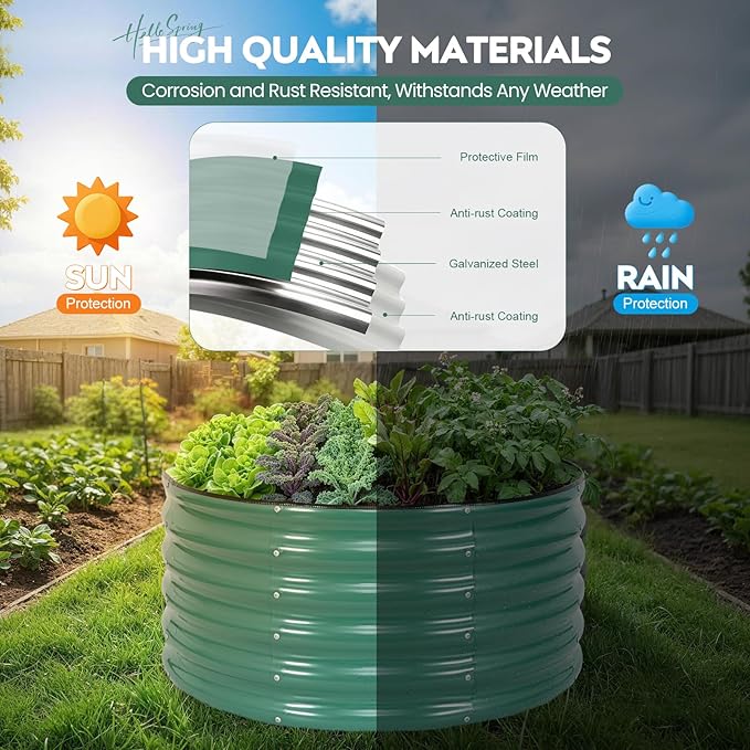 ZORMY Galvanized Raised Garden Bed Outdoor, Round Metal Planter Boxes 2 Pcs, 3x3x1.4ft Steel Raised Bed Kit for Planting Vegetables, Fruits, Flowers(LotusGreen)