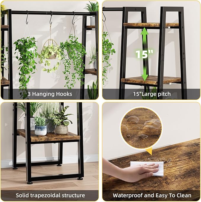 Simple Trending Plant Stand Indoor with Grow Lights, 4 Tier Large Hanging Plant Shelf for Plants Multiple, Metal Ladder Display Holder for Home Patio, Black