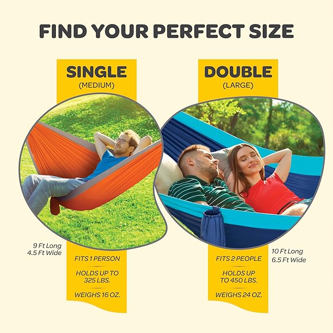 Durable Hammock 500 lb Capacity, Nylon Camping Hammock Chair - Double or Single Sizes w/Tree Straps and Attached Carry Bag - Portable for Travel/Backpacking/Beach/Backyard (Large, Khaki & Army Green)