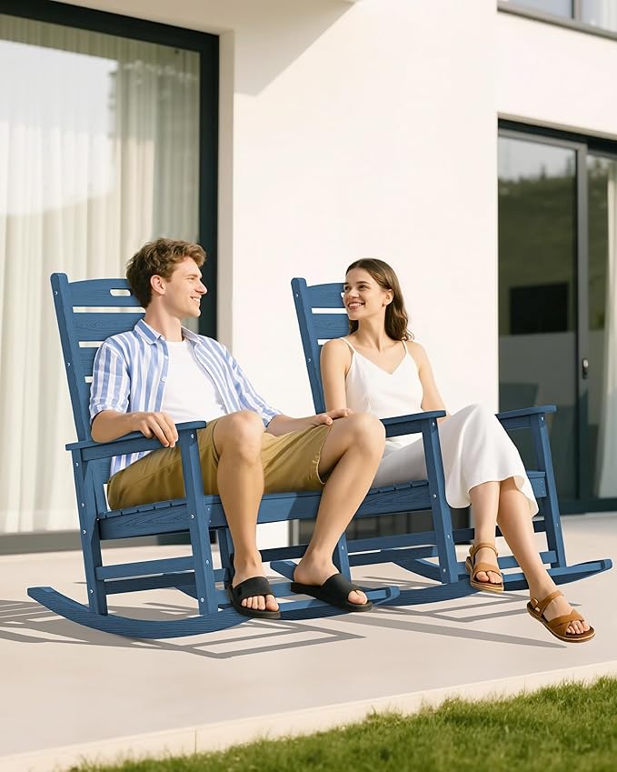 SERWALL Oversized Outdoor Rocking Chair, HDPE Patio Rocking Chair with Footrest for Adults, All Weather Porch Rocker for Deck Patio Balcony, Navy