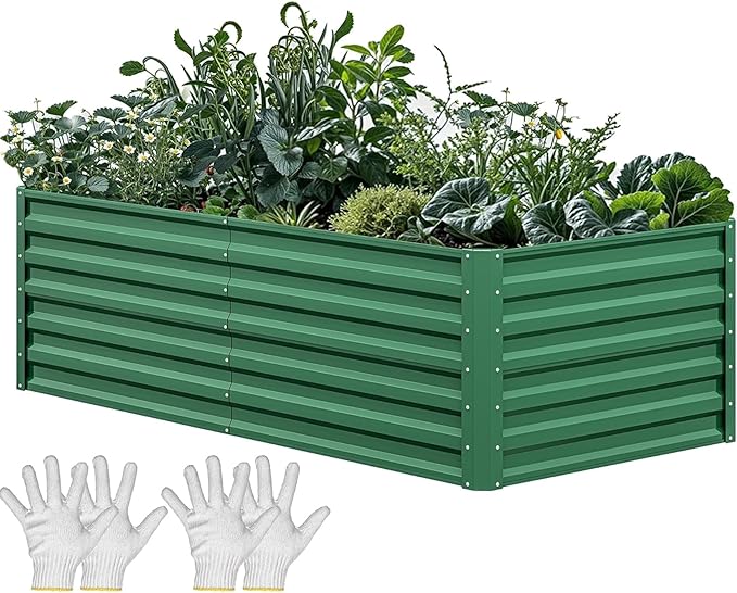 YITAHOME 6x3x2 ft Galvanized Raised Garden Bed Kit, Large Metal Planter Box with Gloves & Support Rod, Outdoor Flower Bed for Plants Vegetables, Green