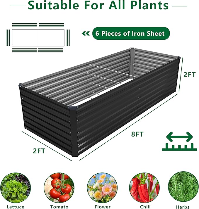 8x2x2FT Galvanized Raised Garden Bed Kit,Vegetable Plant Boxes-Rectangle Metal Flower Box,Large Planter Raised Beds Outdoor Garden for Planting,Fruit,Herb-Black