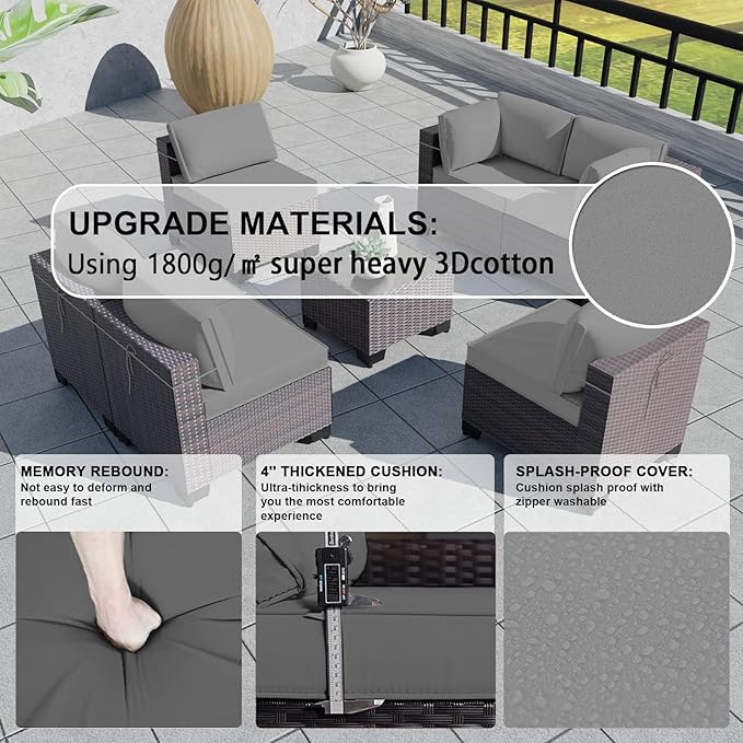 Kullavik 7 Pieces Outdoor Patio Furniture Set PE Wicker Rattan Sectional Sofa Patio Conversation Sets,Grey