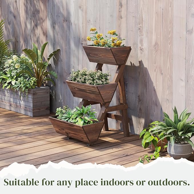 3-Tier Wooden Vertical Raised Garden Bed with Legs, Tiered Planter Box, Vertical Garden Planter,Wood Plant Stand Wood Flower Rack for Patio, Balcony, Freestanding. (Carbonized-Small)