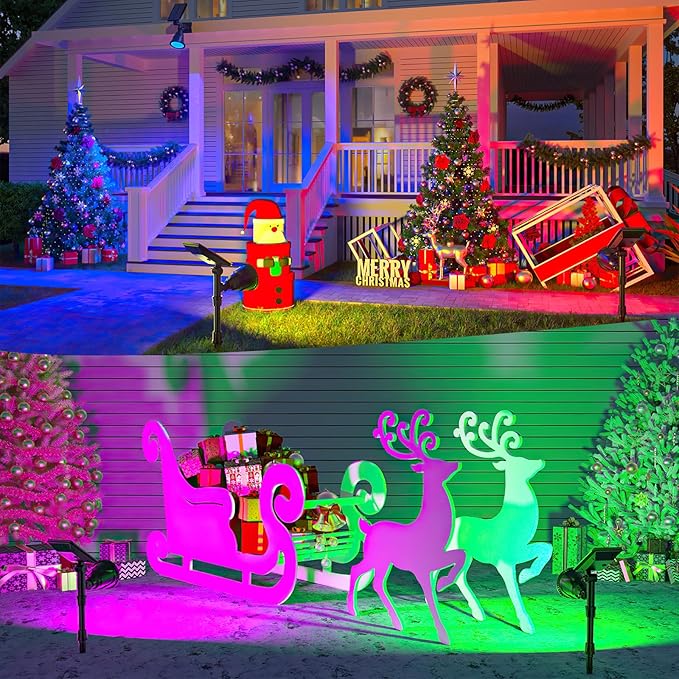 JSOT 2 Pack Christmas Solar Spotlights, RGB Solar Spot Light Outdoor Waterproof Color Changing Landscape Lighting with 9 Lighting Options Decor for Backyard Walkway Tree Lawn