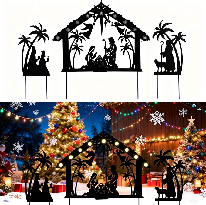 3Pack Lighted Metal Nativity Scene Garden Stake,Solar Christmas Decorations Outdoor,Silhouette Nativity Set Outside for Yard Decor