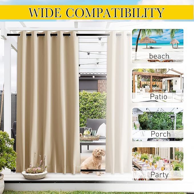 NICETOWN 2 Panels Outdoor Curtains for Patio Waterproof & Windproof, Thermal Insulated Top & Bottom Grommet & Back Tab Light Block Outdoor Drapes with Bouns Rope for Fixed, Biscotti Beige, W66 x L84