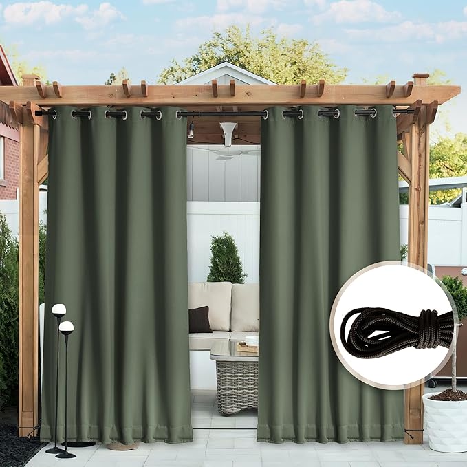 NICETOWN 2 Panels Weighted Blackout Outdoor Curtains for Patio Waterproof, Grommet & Back Tab on top and Bottom Windproof Privacy Thermal Drapes for Cabana with Fixed Rope, W52 x L95, Greyish Green