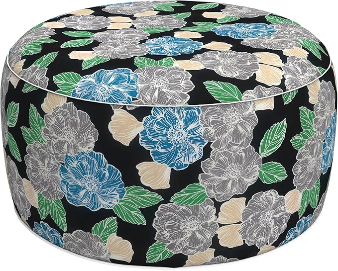 LVTXIII Outdoor Inflatable Ottoman, Fade-Resistant Round Footrest Stool D31”x H14”, Portable Patio Pouf for Garden Camping or Home Use, Peony Garden