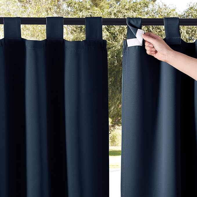 NICETOWN 2 Panels Patio Door Navy Blue Curtainss Waterproof 95" Length, 84" Wide, Thermal Insulated Self-Sticky Detachable Top Blackout Sunlight Reducing Outdoor Indoor Window Drapes for Porch