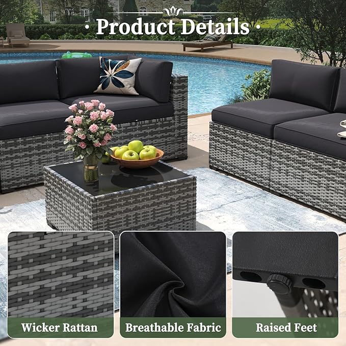 Aoxun 10 Piece Patio Furniture Set Wicker Rattan Patio Conversation Set Outdoor Sectional Sofa Set with Coffee Table and Thickened Cushions, Gray/Black(Waterproof Cover Included)