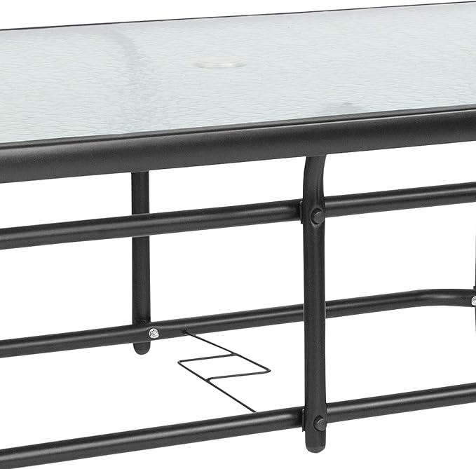 Flash Furniture Tory 31.5" x 55" Rectangular Tempered Glass Metal Patio Table with Umbrella Hole, Modern Rippled Glass Outdoor Dining Table, Black