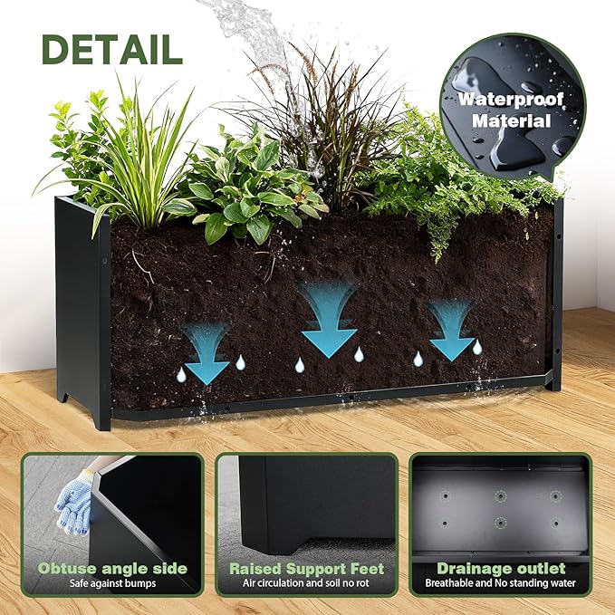 Steel Planter Box-36"x15"x15"-Large Rectangular Planters for Outdoor Plants, Black Matel Planter Box Raised Support Feet for Patio, Deck, Garden, Yard, Drain Holes, Easy Assembly