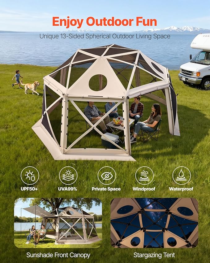 VEVOR Pop up Gazebo Screen Tent, 15 x 15 ft, 13-Sided Spherical Camping Canopy Tent with Removable Top & Carry Bag, Quick-Set & Bite-Proof, Screen House Sun Shelter for 12-15 Persons, Beige