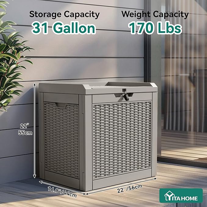 YITAHOME 32 Gallon Deck Box, Resin Storage with Lockable Lid & Side Handles, Indoor Outdoor Small Container for Patio Cushion, Garden Pool Accessories, Backyard Furniture, Water Resistant