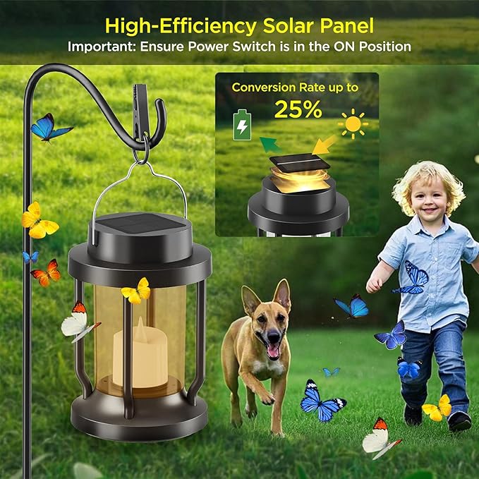 Solar Lantern Outdoor & Indoor Use – Hanging Solar Lights with Realistic Flickering Flameless Candle, Weatherproof for Gardens, Patios, Trees, and Lawns (Black + Amber, 2 Pack)