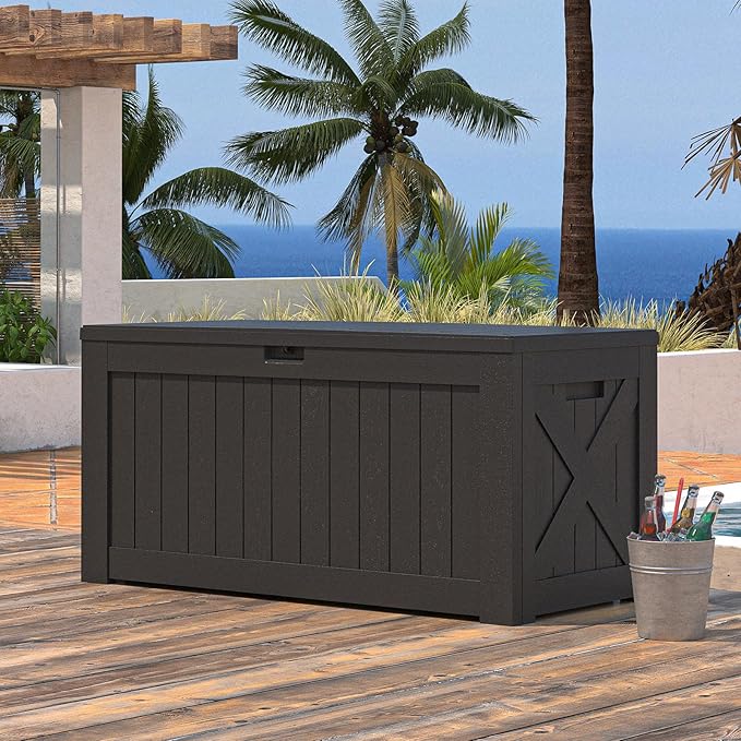 Patiowell 120 Gallon Large Deck Box, Outdoor Lockable Storage Box for Gardening Tools, Waterproof Deck Box for Patio Furniture, Black