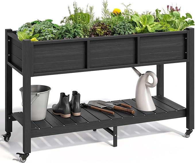 YITAHOME Raised Garden Bed HDPE, 47x18x31In Raised Flower Bed Poly-Wood Weather-Resistant Elevated Planter Box with Lockable Wheels & Storage Shelf for Vegetable Flower, Black