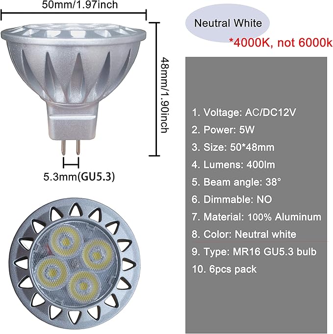 ALIDE MR16 GU5.3 Led Bulbs 5W 4000K Neutral/Natural White,20W-35W Halogen Equivalent,12V MR16 Low Voltage Bulbs for Outdoor Landscape Flood Ceil Track Lighting,Not Dimmable,450lm,38 Deg,6 Pack