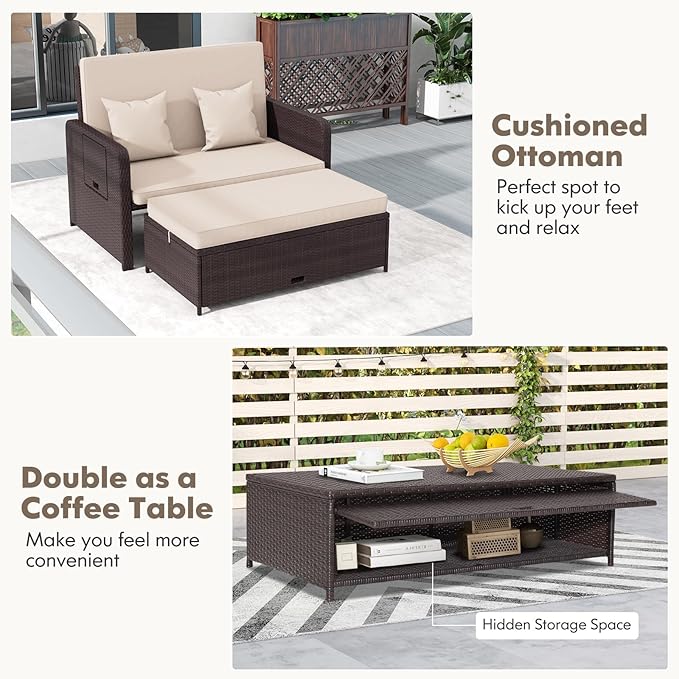 Nightcore Wicker Patio Outdoor Daybed, Outdoor Chaise Lounger w/ 4-Level Adjustable Backrest, Retractable Side Trays, Storage Ottoman, Comfortable & Removable Cushions, Rattan Loveseat (Beige)