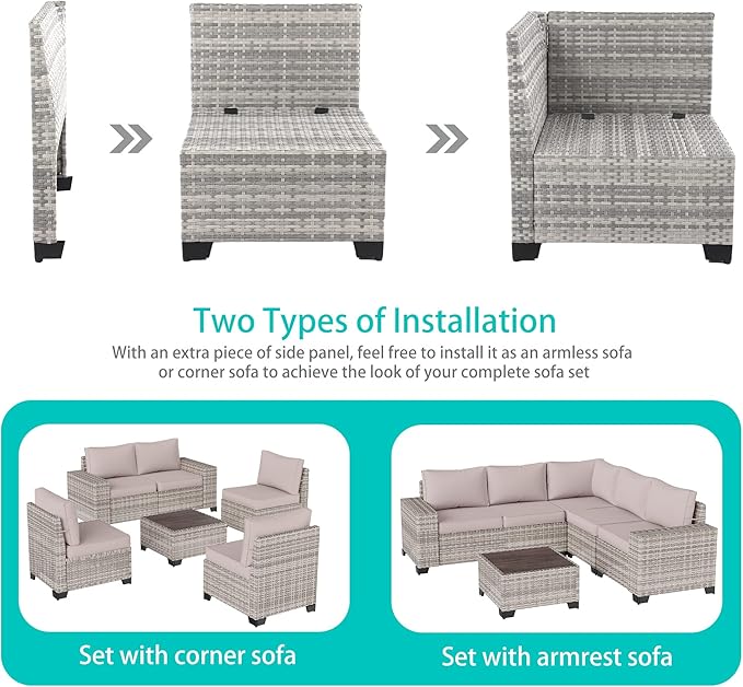 12-Piece Outdoor Patio Furniture Set Wicker Sectional Sofa Set, Patio Conversation Set with Thickened Cushions & Coffee Table for Garden, Backyard, Poolside, Sand