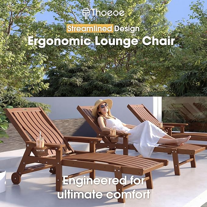 Patio Chaise Lounge Chair Set of 2, Oversized Lounge Chair Outdoor with 5 Positions, HDPE, Patio Lounge Chair with Wheels & Cup Holder for Pool, Deck, Poolside,Wood