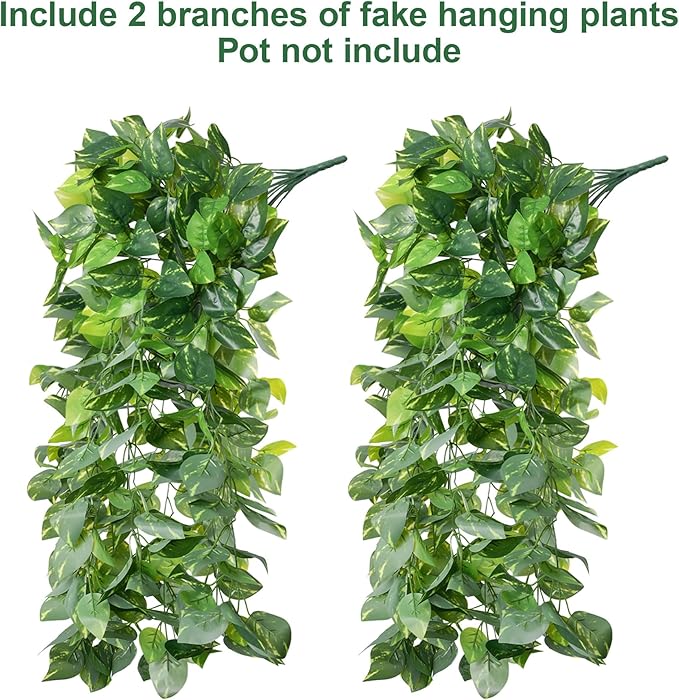 Faux Outdoor Plants Fake Hanging Plants for Outdoors Outside Decorations, 2 Pcs Green Faux Pothos Plant Vines Realistic UV Resistant Artificial Greenery for Planters Porch Garden Yard Front Door Patio