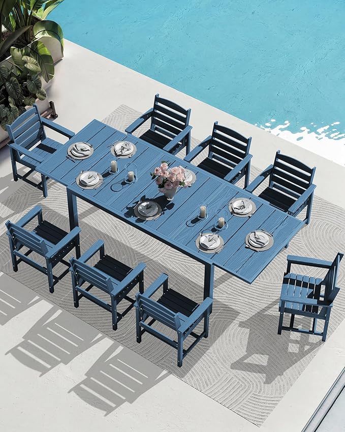 SERWALL 9-Piece Outdoor Dining Set, 60" - 83" Expandable Outdoor Dining Table and 8 HDPE Chairs, All Weather HDPE Outdoor Furniture Set for Backyard, Garden, Blue